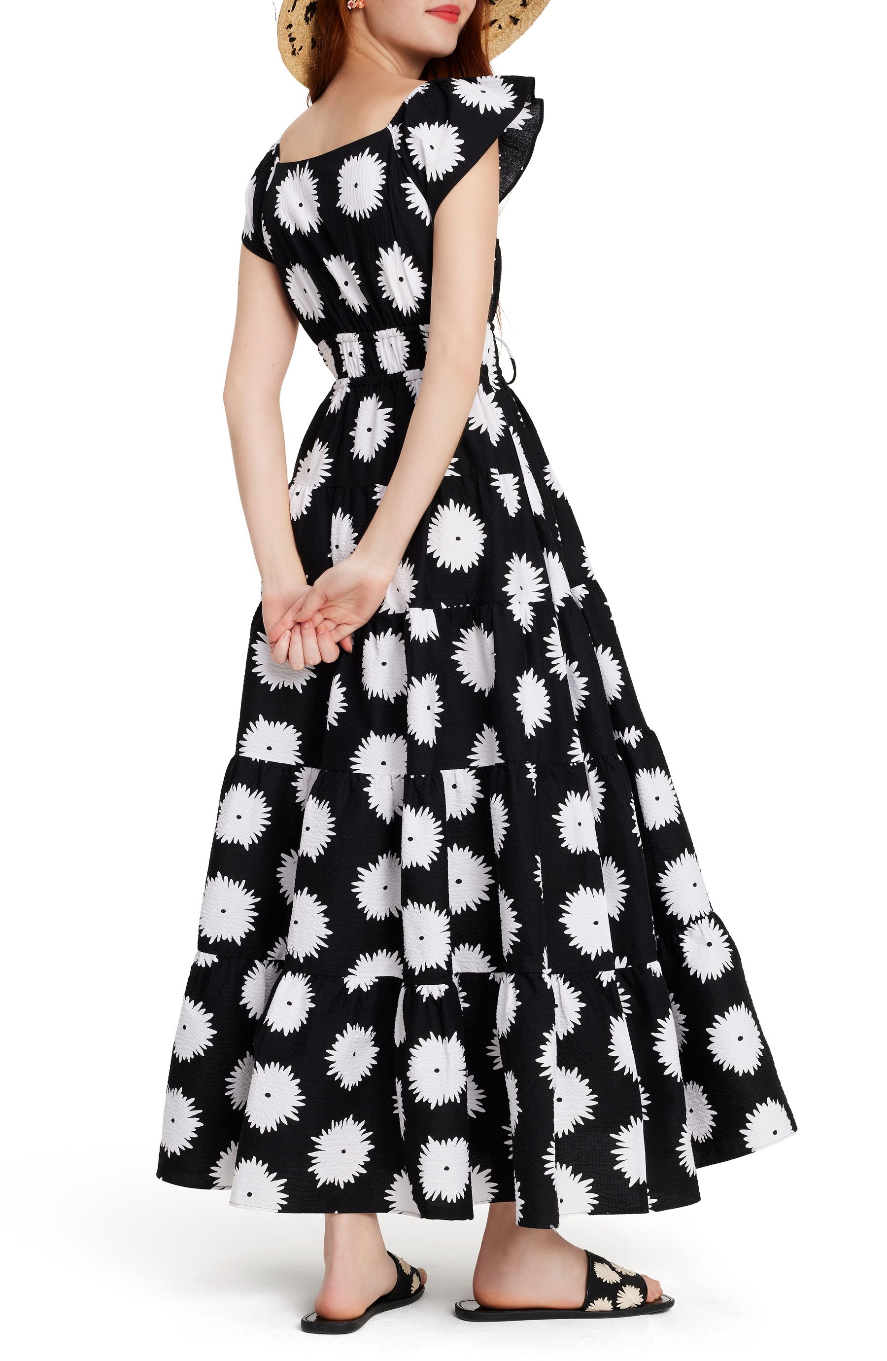 KF765_Pom pom Floral Smocked Dress_Black/Cream