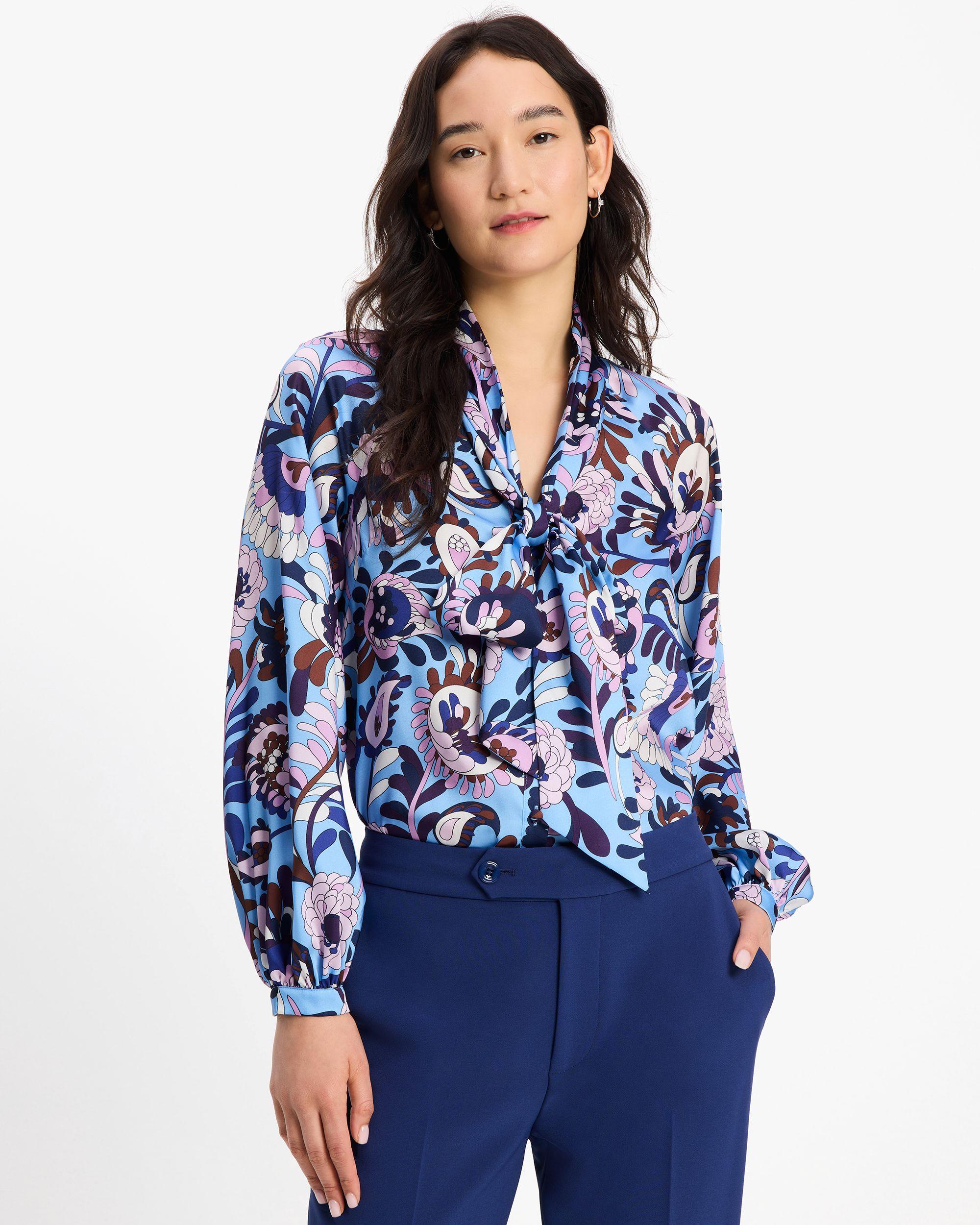 KG922-Autumn Paisley Tie-neck Shirt-Astral Blue Multi