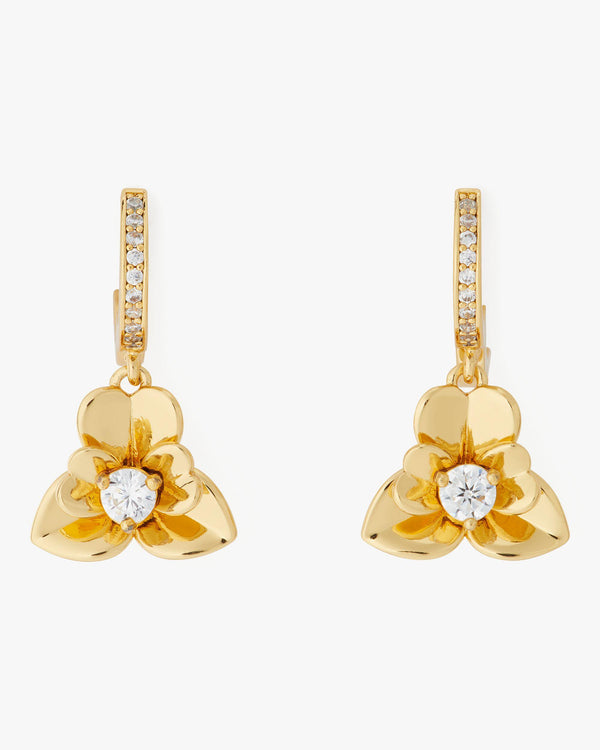 KI038-Precious Pansy Pavé Drop Huggies-Gold