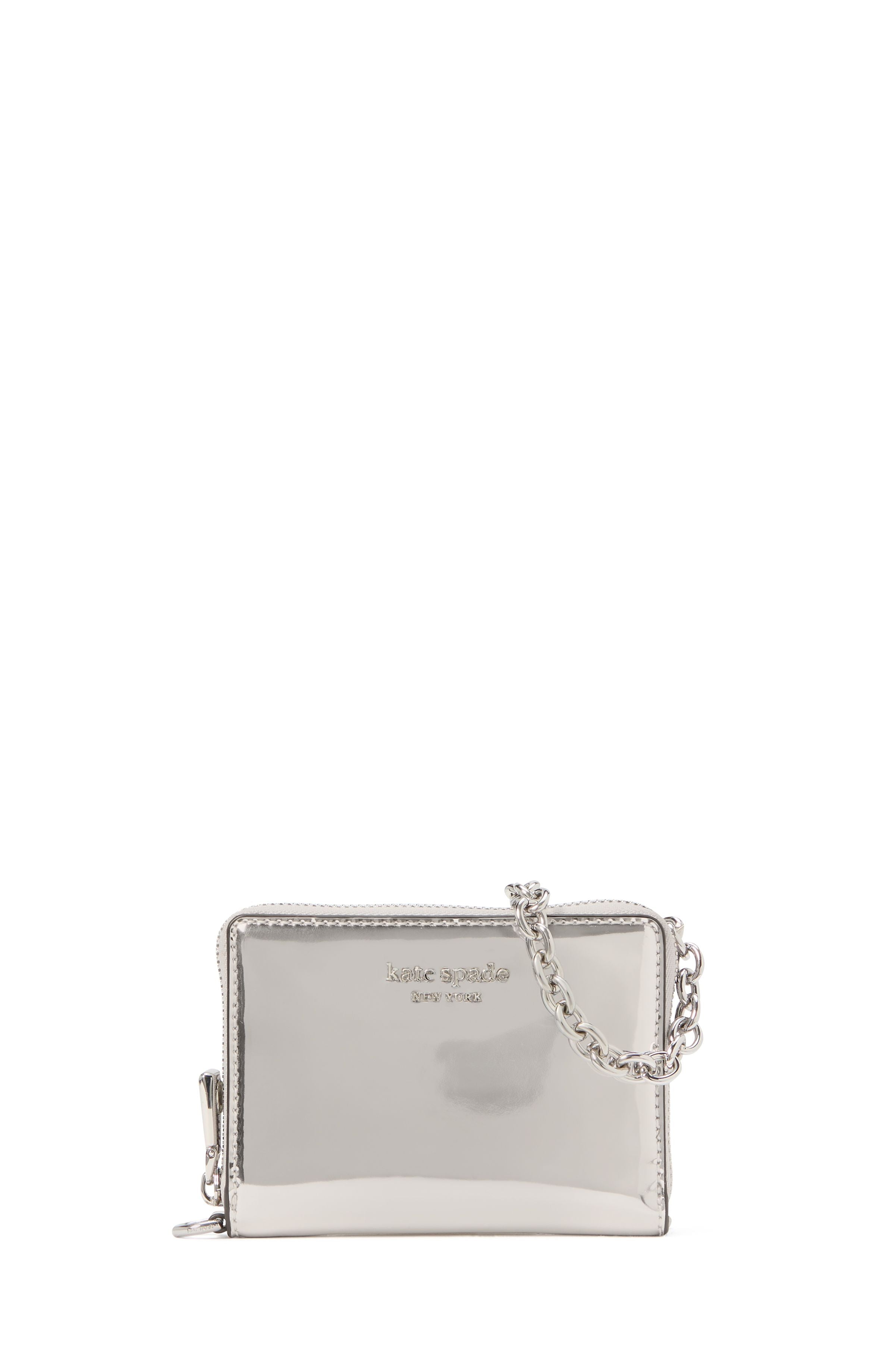 natasha metallic smooth leather chain compact wristlet