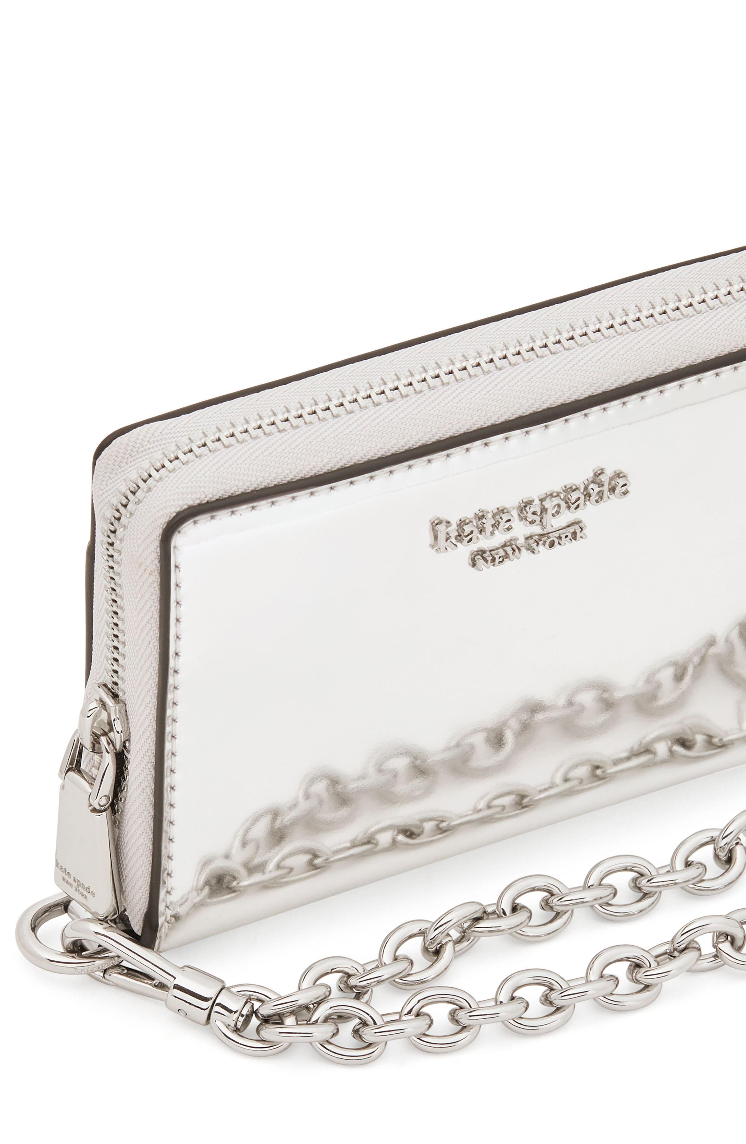 natasha metallic smooth leather chain compact wristlet