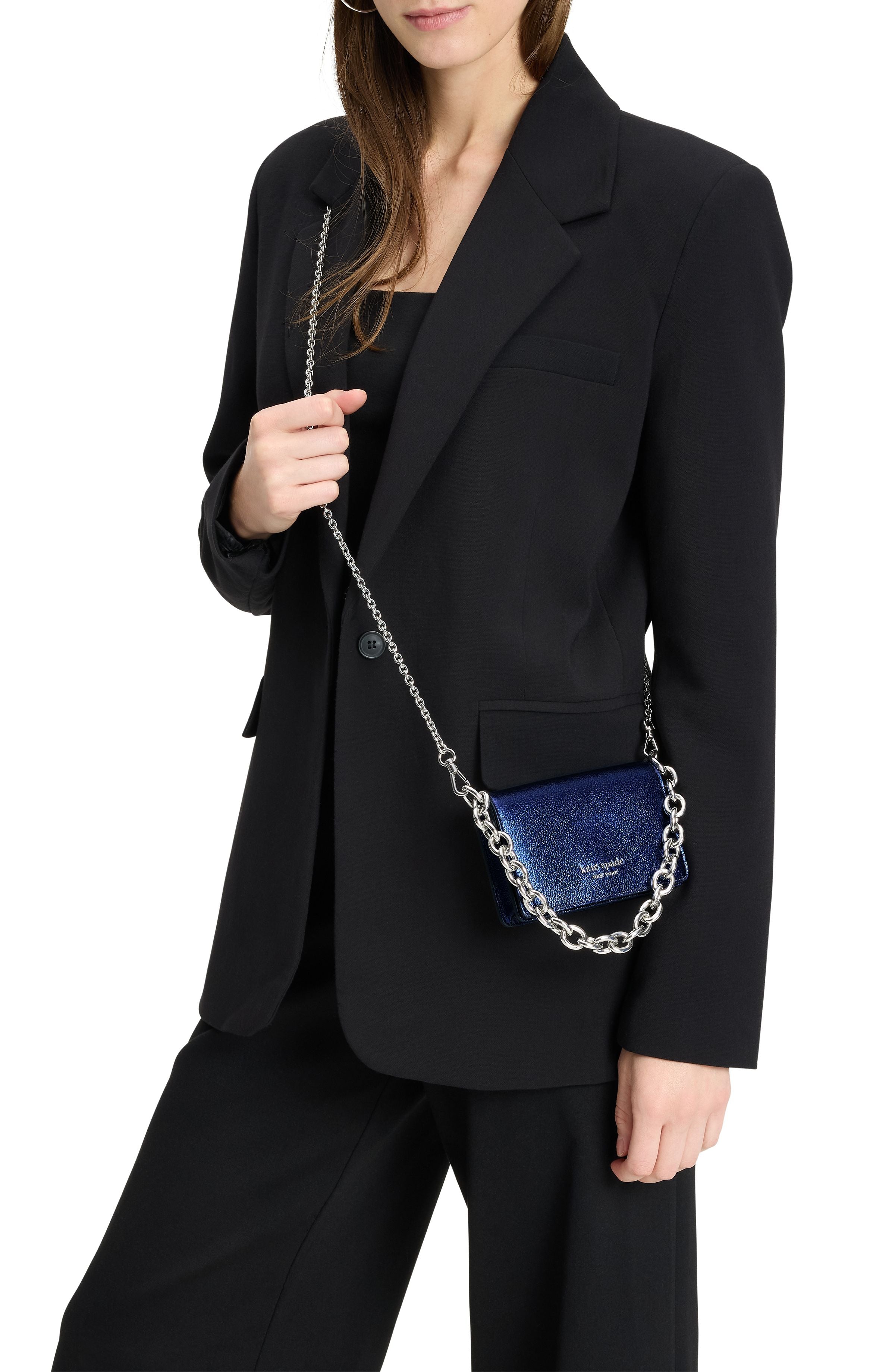 natasha metallic pebbled leather chain card case crossbody