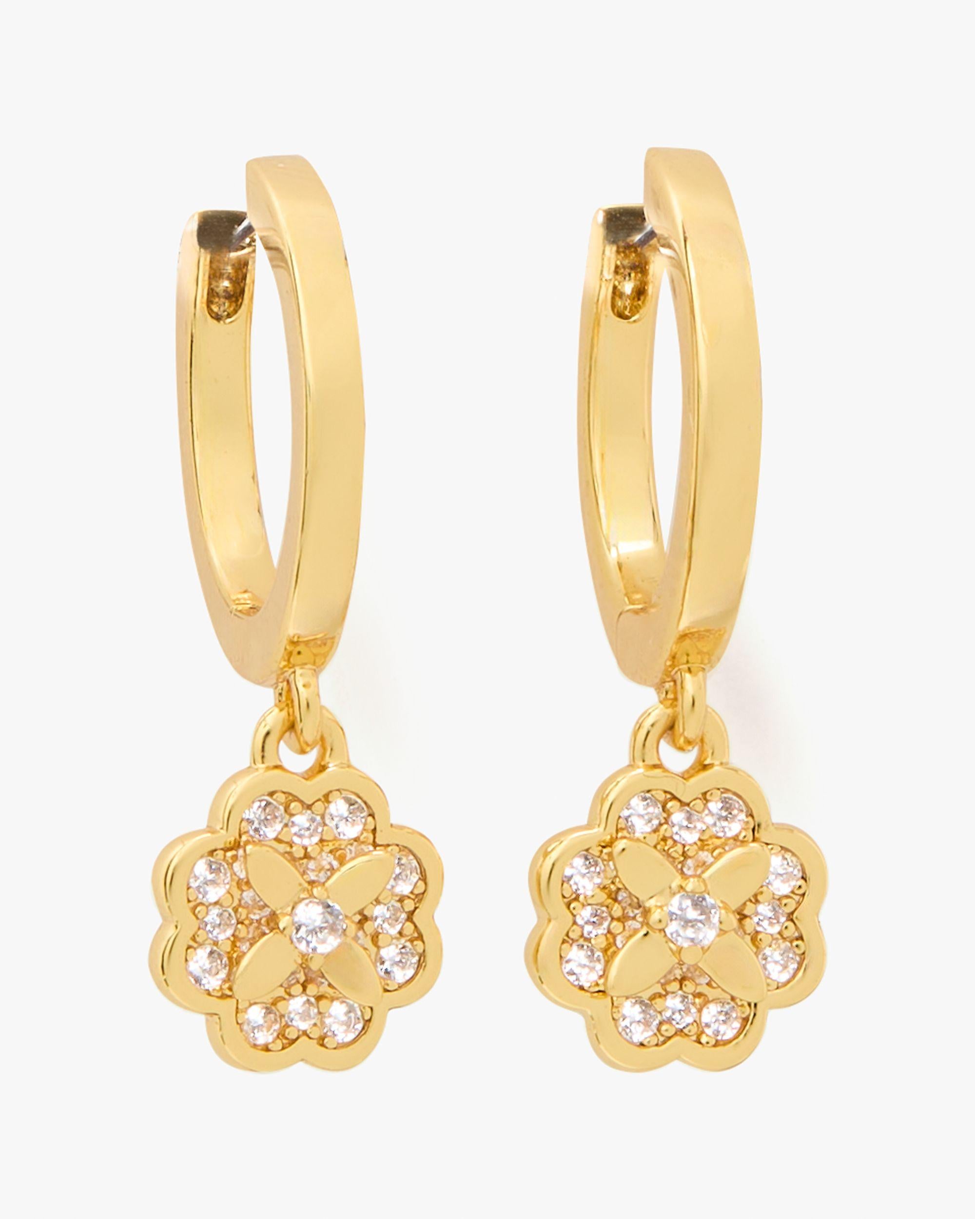 KJ320-Heritage Bloom Huggie Drop Earrings-Clear/Gold