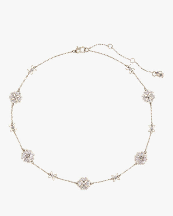 KJ323-Heritage Bloom Scatter Necklace-Clear/Silver