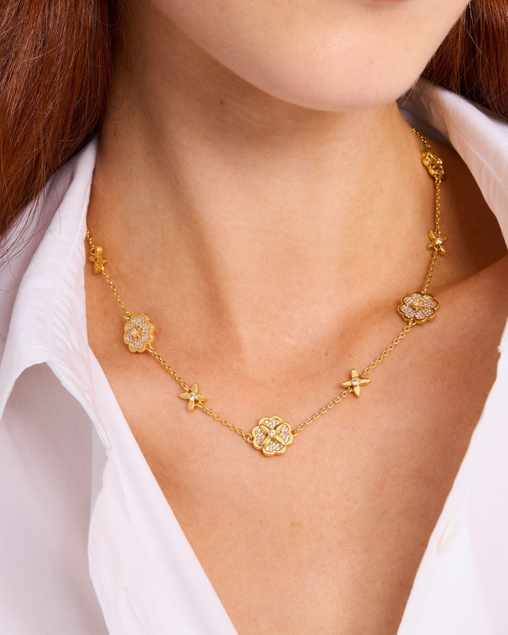 KJ324-Heritage Bloom Scatter Necklace-Clear/Gold