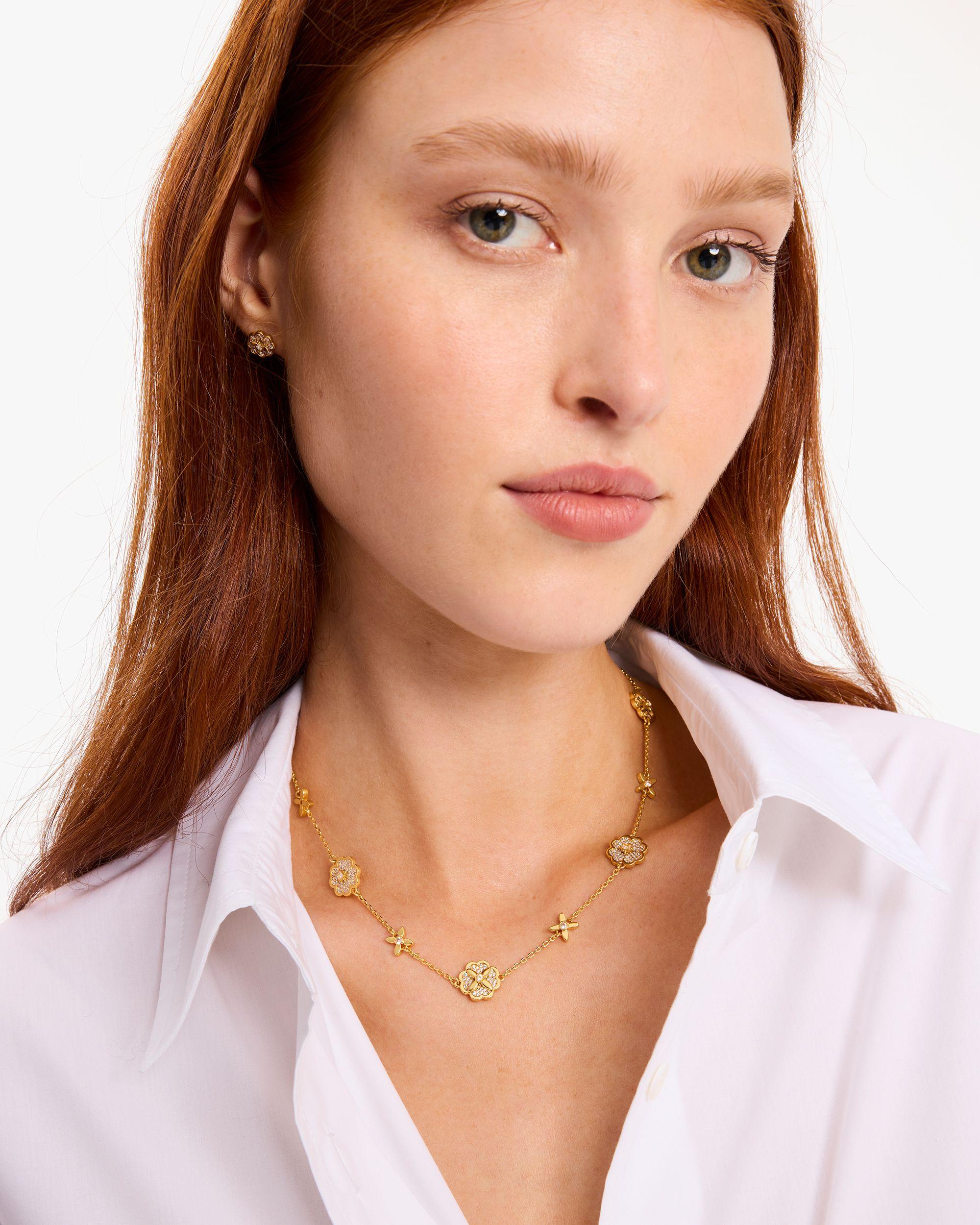 KJ324-Heritage Bloom Scatter Necklace-Clear/Gold