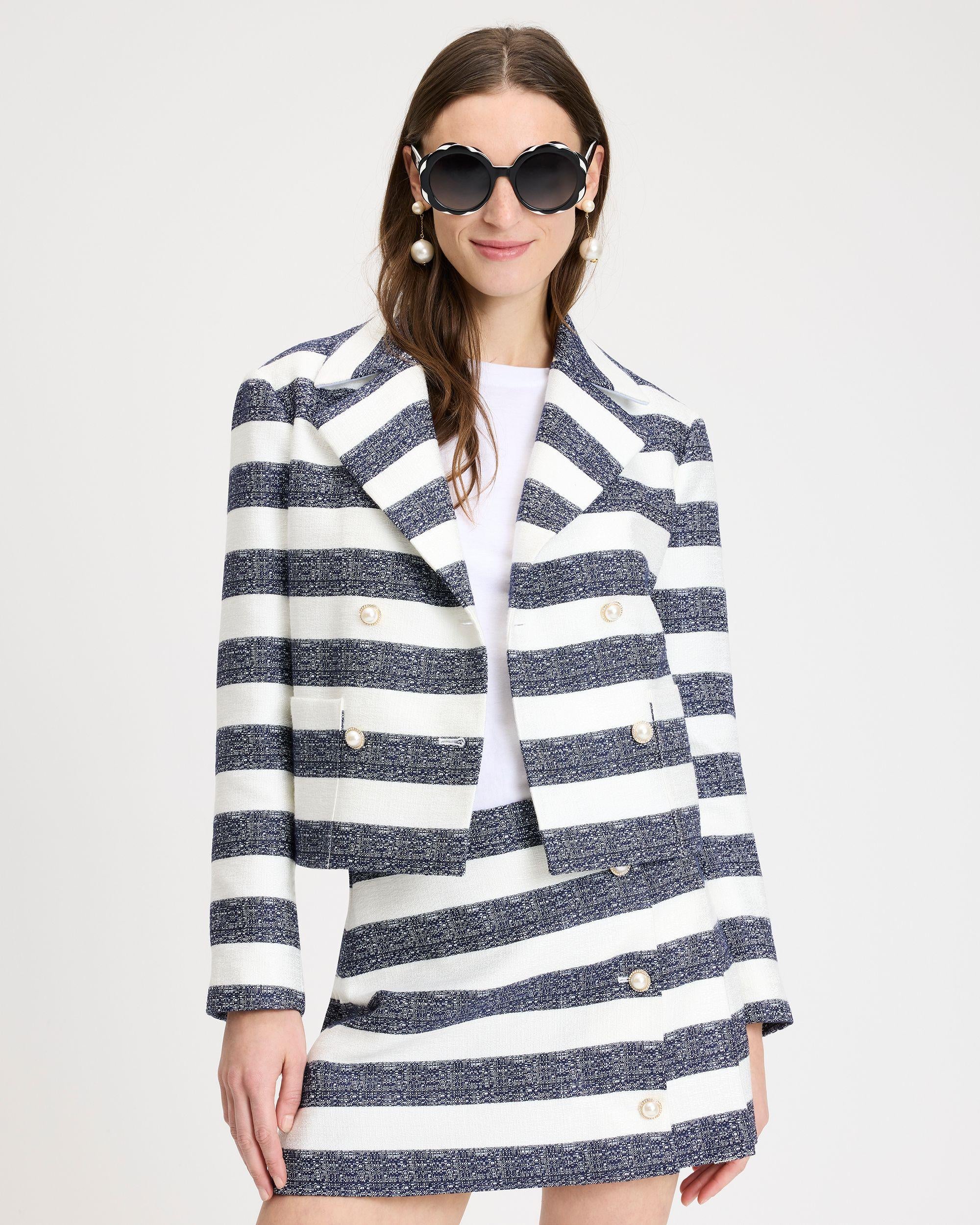 KK371-Sailor Stripe Tweed Moto Jacket-Planetary Navy/Cream