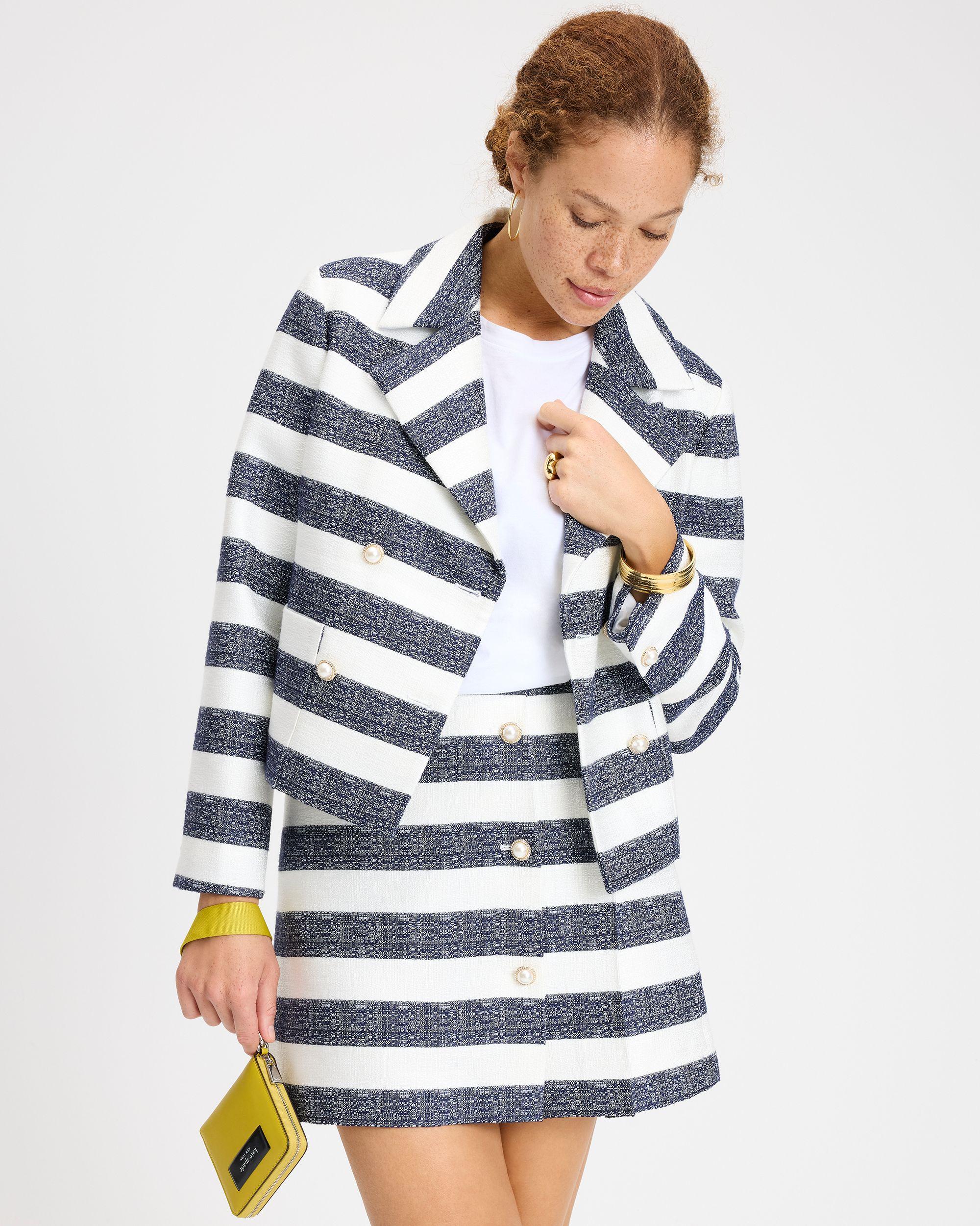 KK371-Sailor Stripe Tweed Moto Jacket-Planetary Navy/Cream