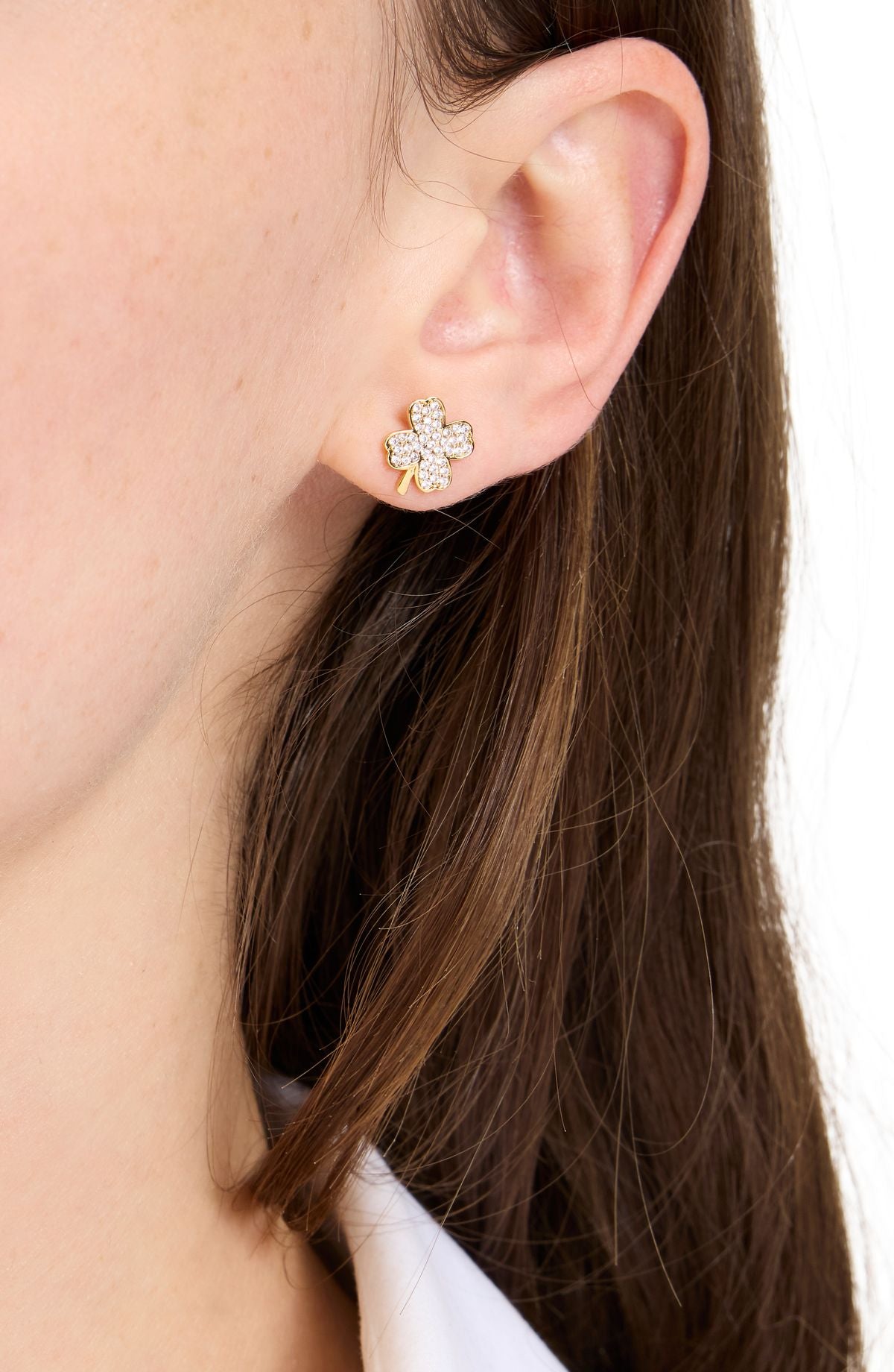 KK528-Lucky Charm Pavé Clover Studs-Clear/Gold