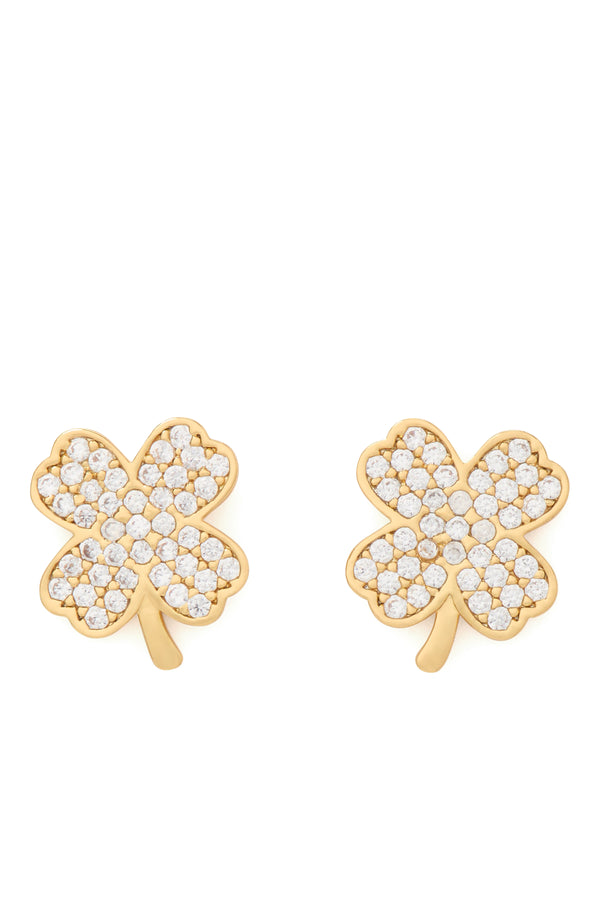 KK528-Lucky Charm Pavé Clover Studs-Clear/Gold