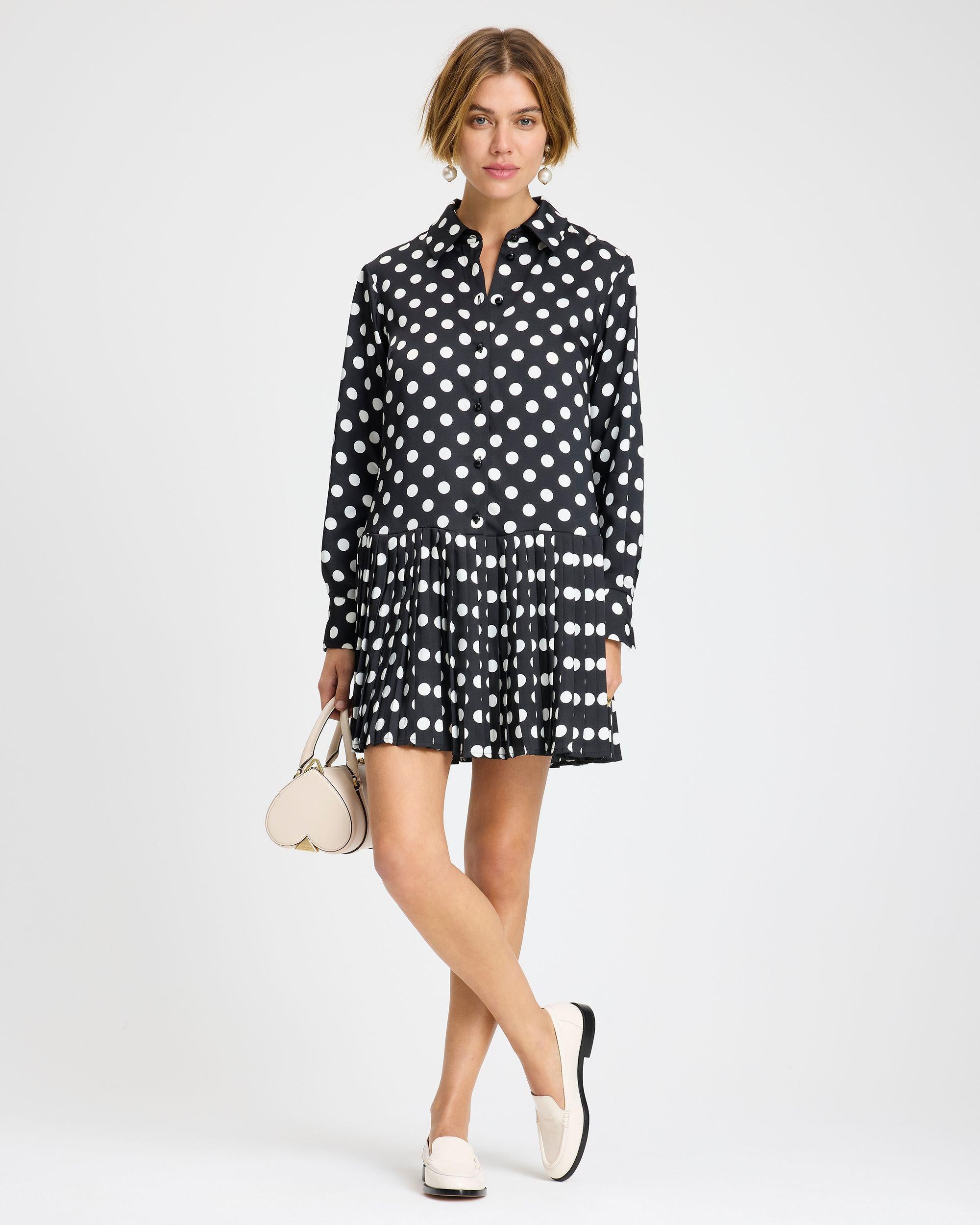 KK625-Breezy Dot Pleated Dress-Black/Cream