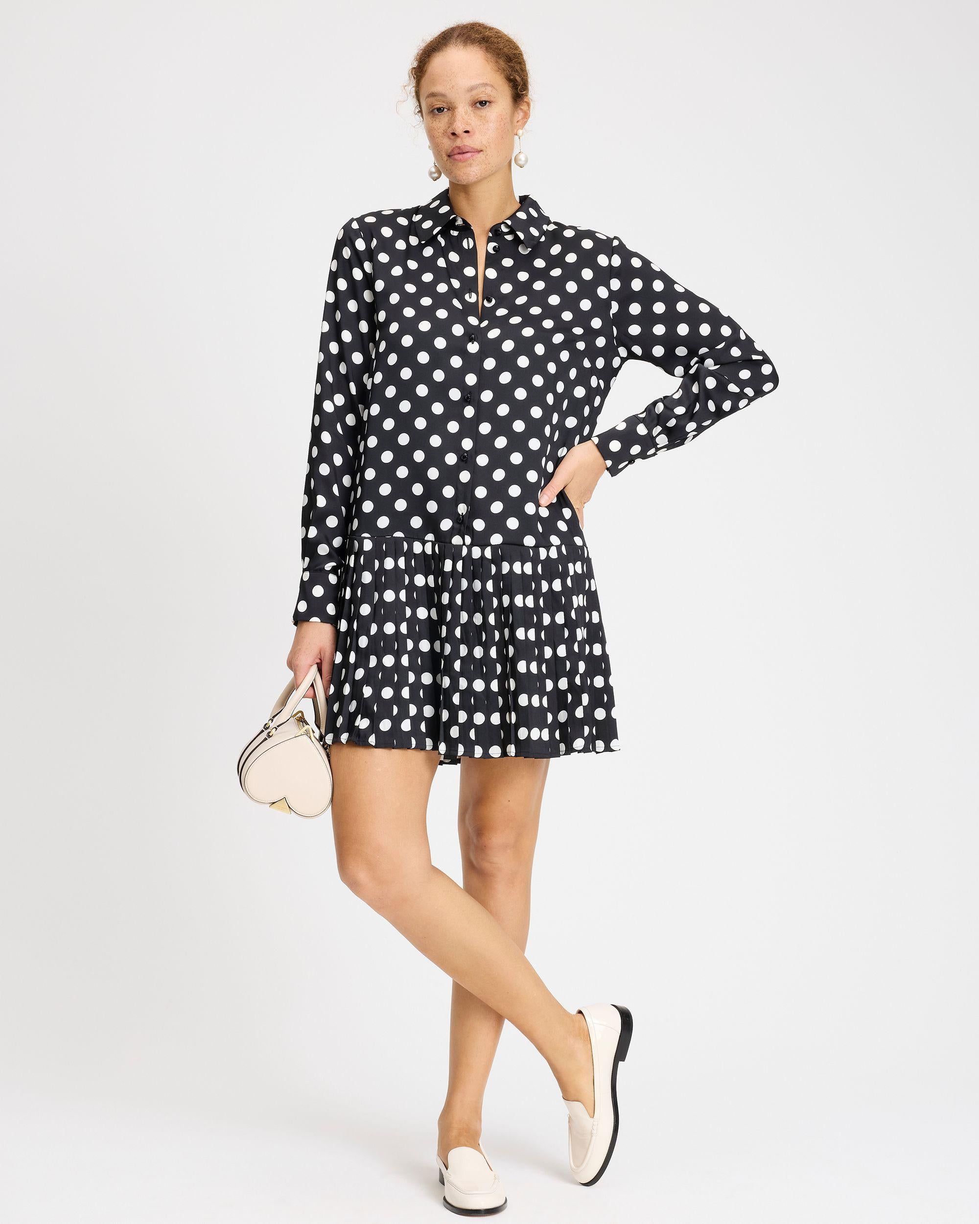 KK625-Breezy Dot Pleated Dress-Black/Cream