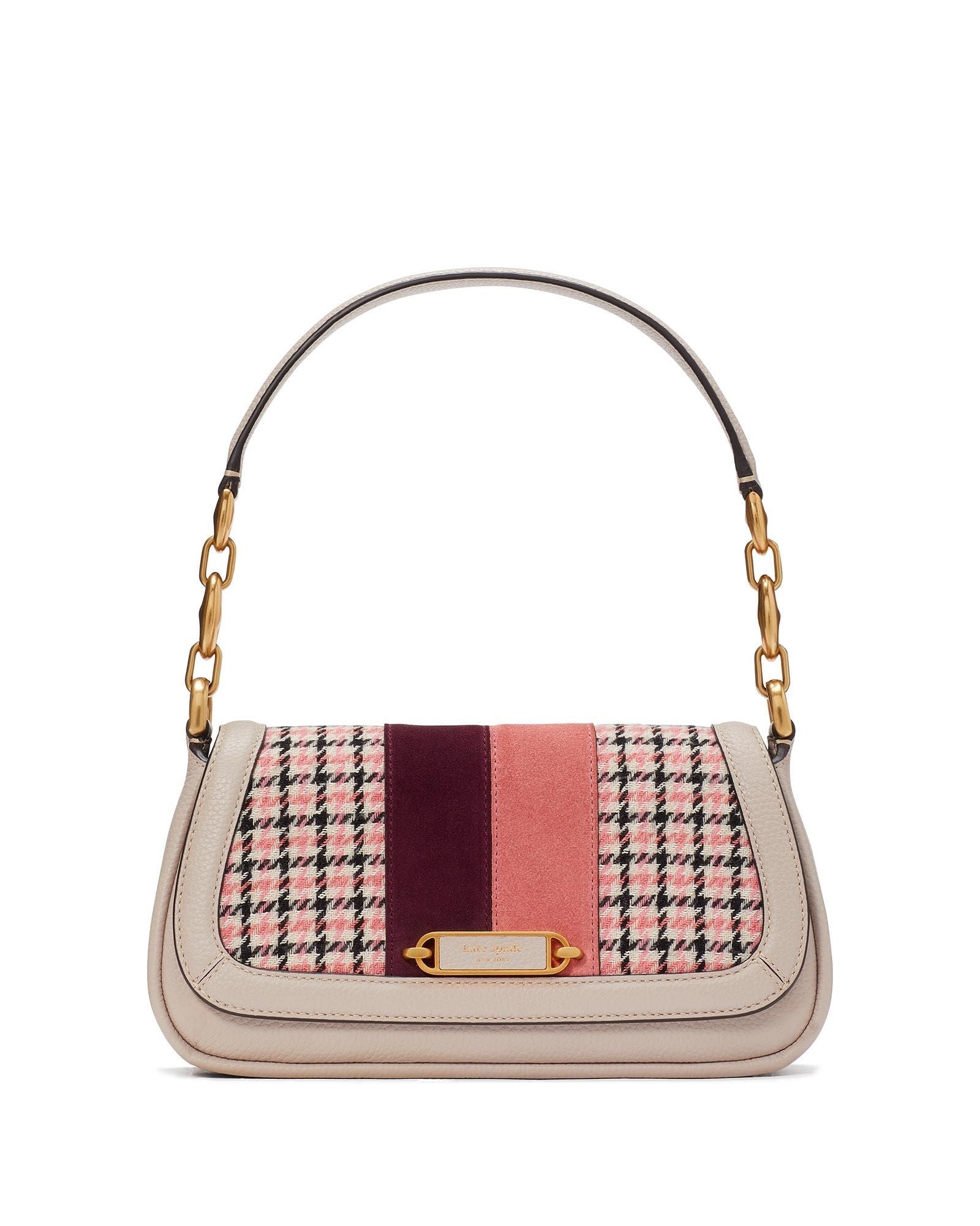 KC981-gramercy racing stripe plaid twill small flap shoulder bag- Mushroom Multi.