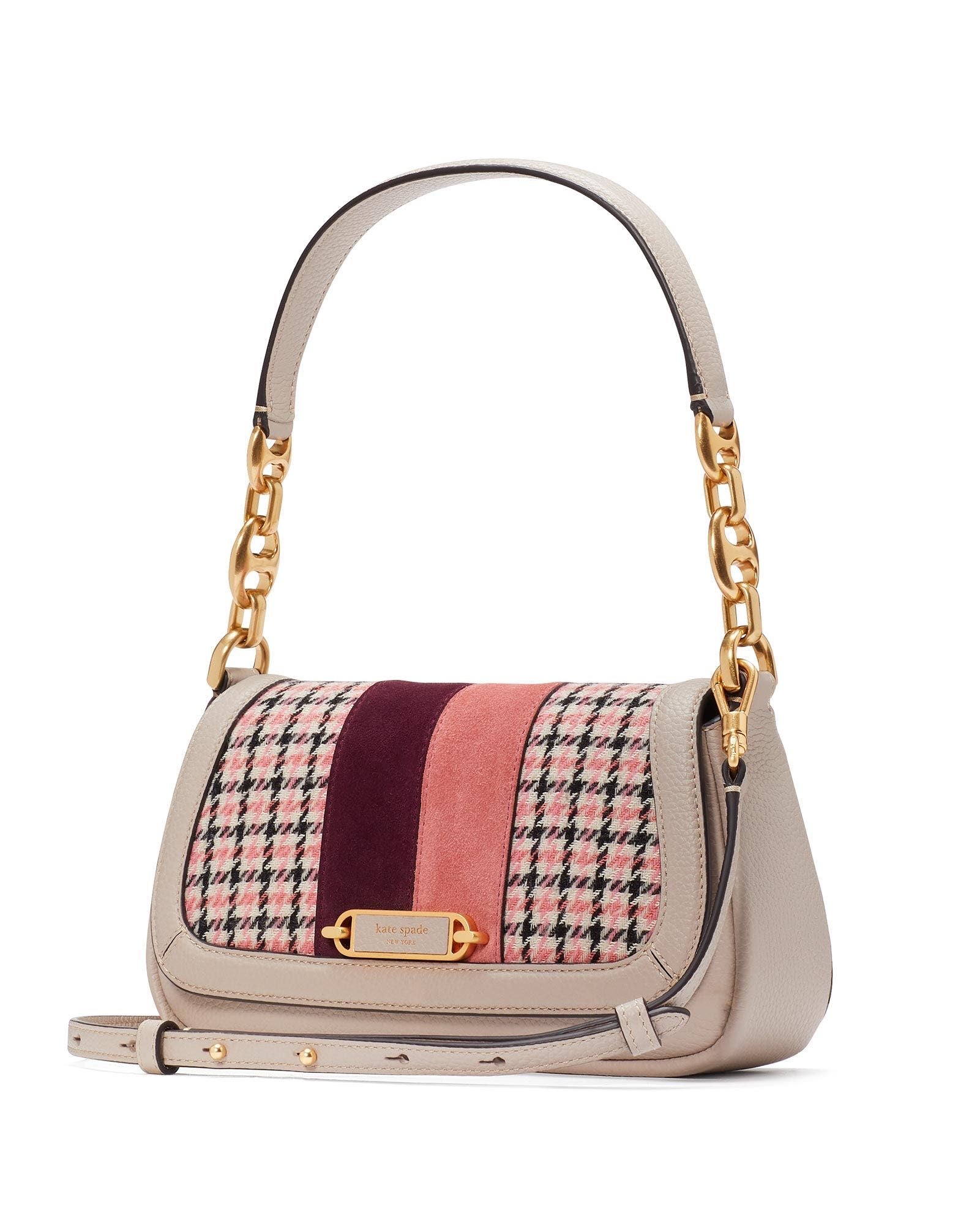 KC981-gramercy racing stripe plaid twill small flap shoulder bag- Mushroom Multi.