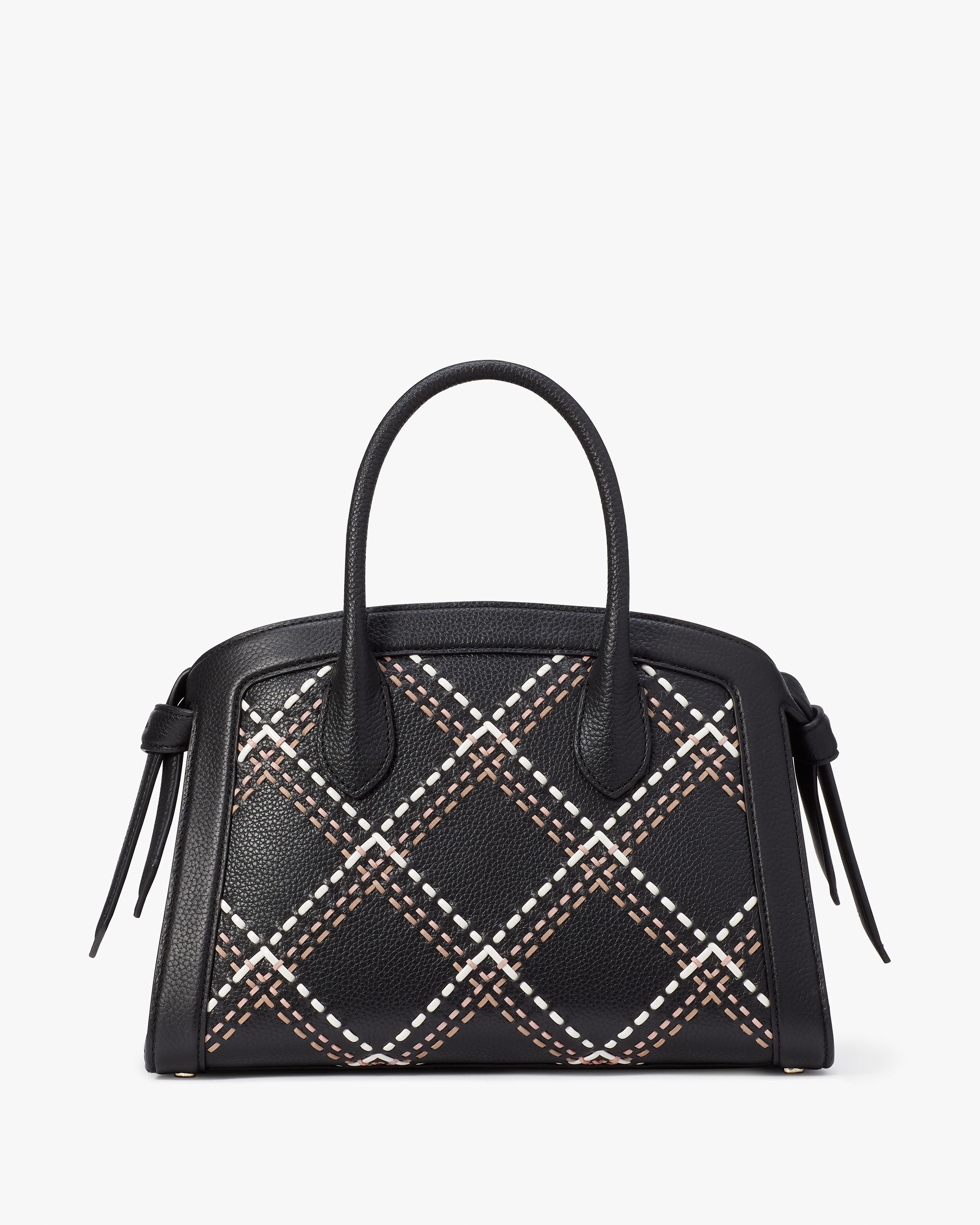 KE110-Knott Plaid Stitched Medium Zip-top Satchel-Black Multi