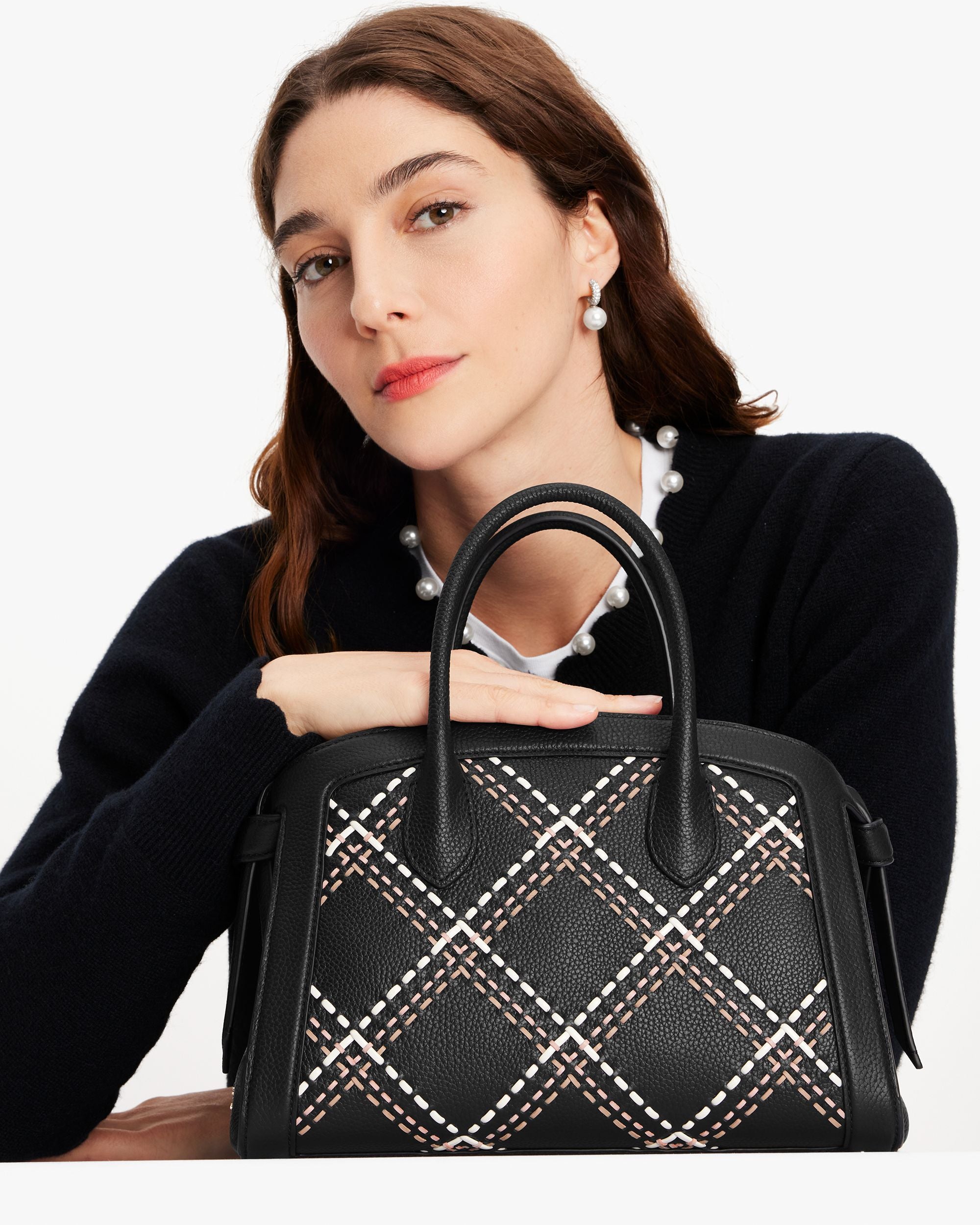 KE110-Knott Plaid Stitched Medium Zip-top Satchel-Black Multi