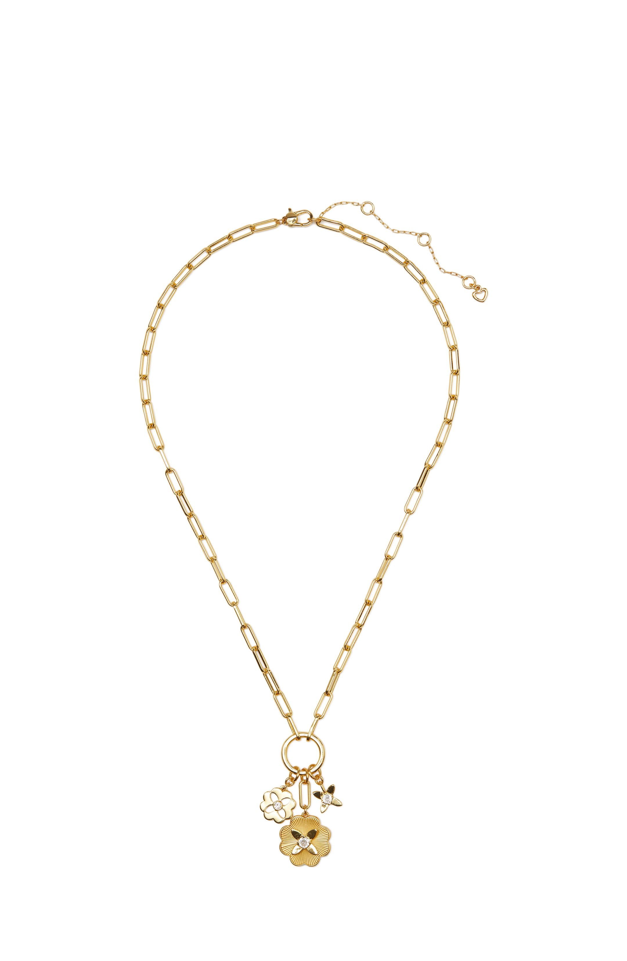KG331-Heritage Bloom Charm Necklace-Clear/Gold