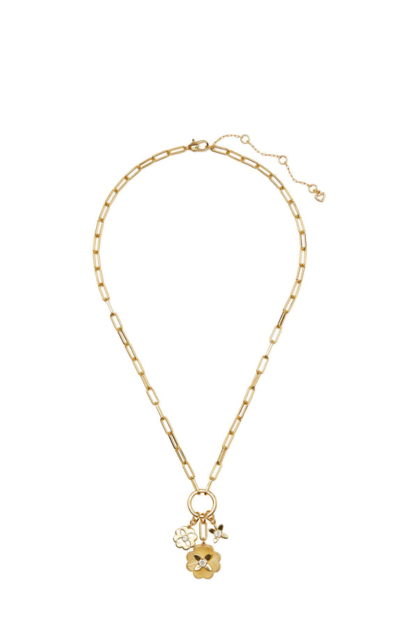 KG331-Heritage Bloom Charm Necklace-Clear/Gold